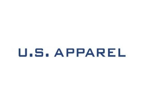 U.S. Apparel logo in bold, blue letters