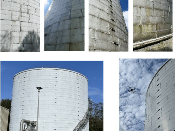 Several angles of a white cylindrical storage tank