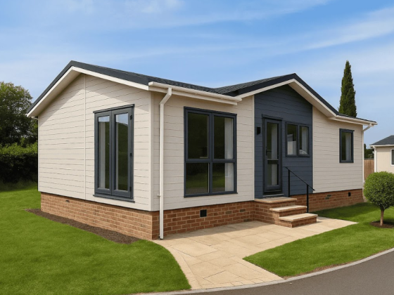 Single-story home with gray siding and large windows