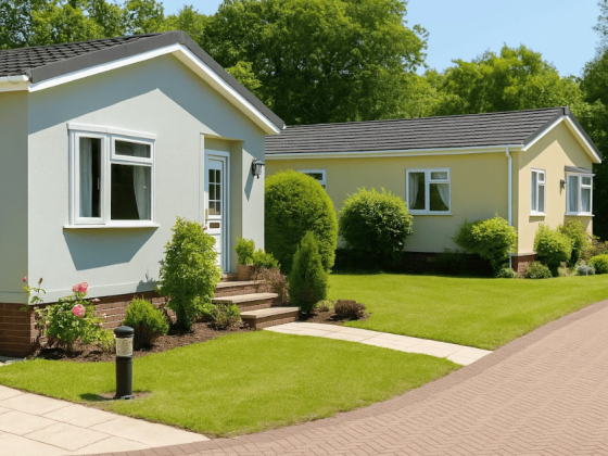 Two bungalows with lush greenery in a sunny setting