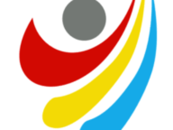 Red, yellow, blue swooshes with a central gray dot