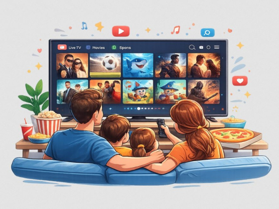 Family enjoying movie night together on couch with snacks