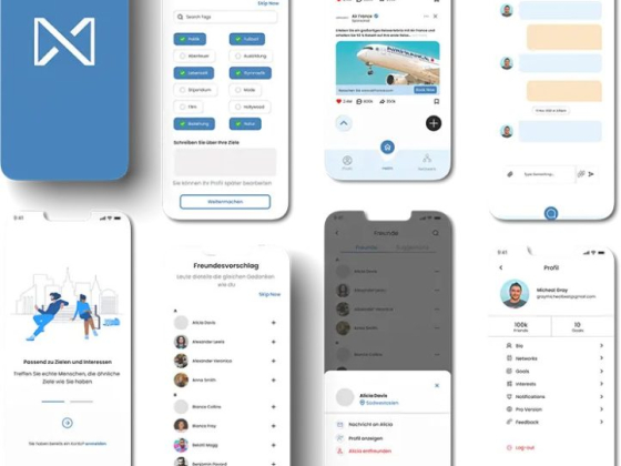 App features screens like profile, messages, and interests