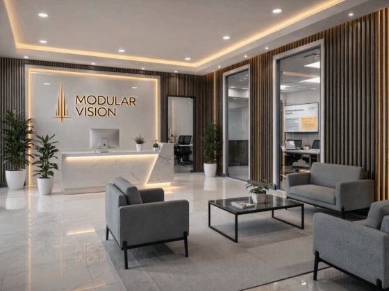 Office reception with seating and 'MODULAR VISION' sign