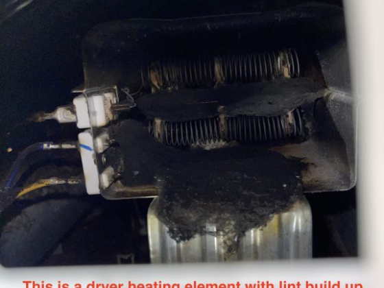 Lint buildup on dryer element causing fire hazard