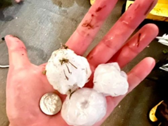 Hand holding large hailstones next to a coin for scale
