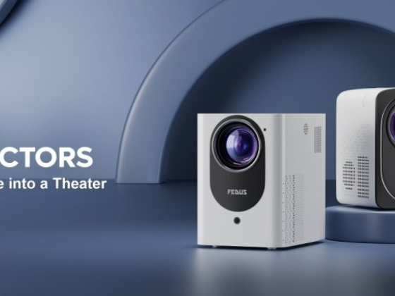 FEDUS Lustre 001 and 002 projectors on a sleek blue background