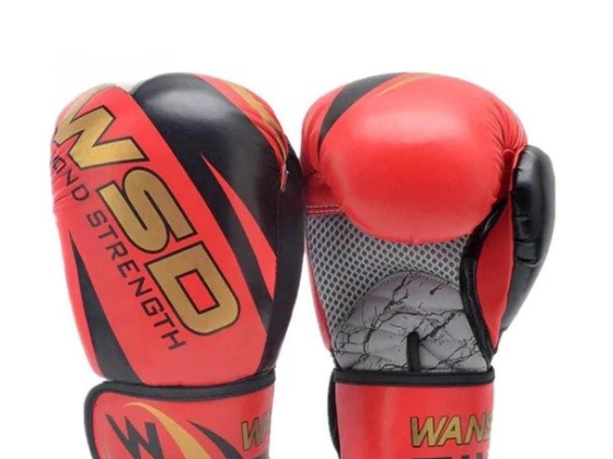 Red and black boxing gloves with bold branding
