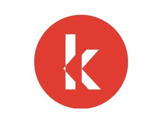 Logo featuring a red circle and a white letter K