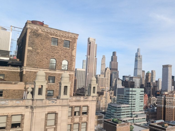 A mix of historic and modern skyscrapers under a clear sky
