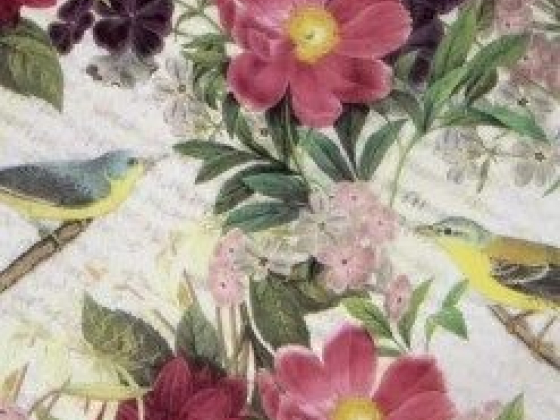 Vibrant floral scene with birds perched among blooms
