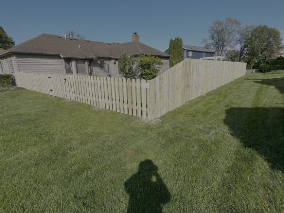 Shadow of photographer on grass near fenced yard