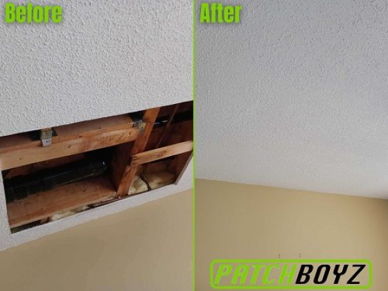 Before and after images of a ceiling patch by PatchBoyz.