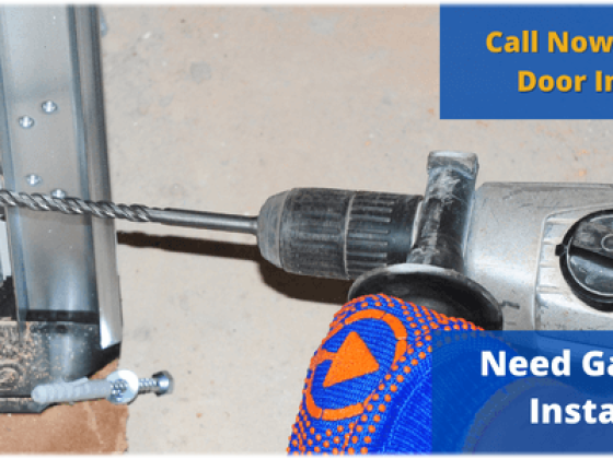 Drill used for installing a garage door, contact for service