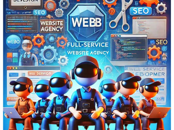 Illustration of a web agency team with tools and code elements
