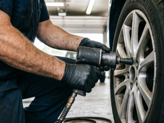 Mechanic tightens bolts on car tire in garage