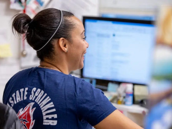 Smiling woman works at computer in an office