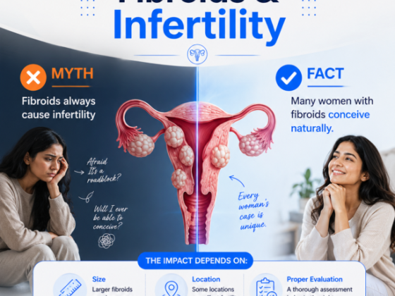 Image debunks fibroids' infertility myth with facts and evaluation info.