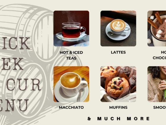 A quick peek at our menu featuring drinks and muffins