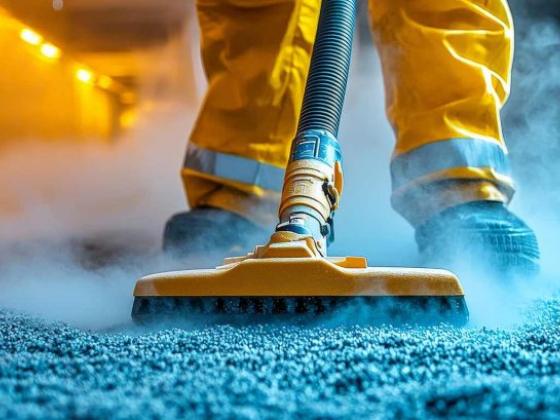 Steam cleaning carpet with bright yellow tool in action