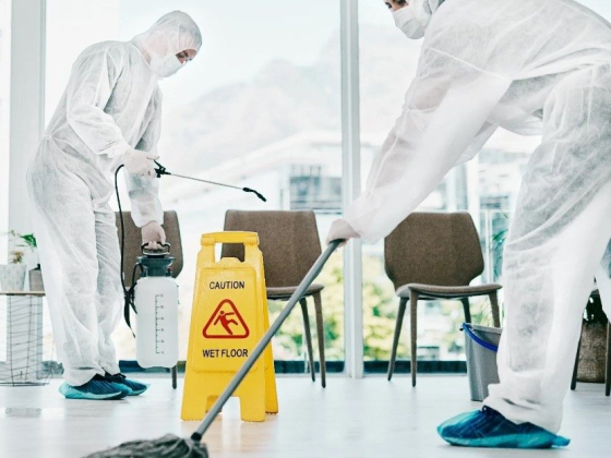 Two workers in protective gear cleaning with caution sign