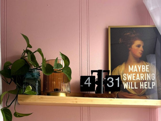 Shelf with clock, plant, and quirky art on a pink wall