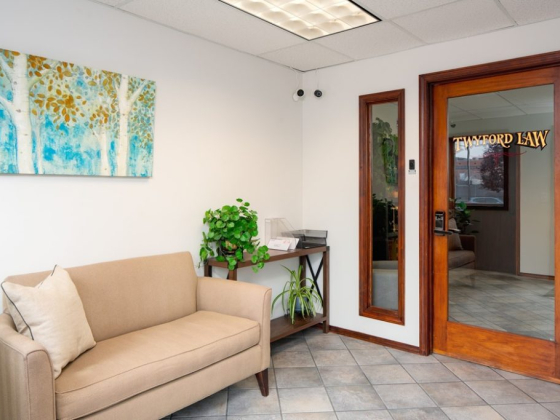 Cozy law office reception with art and plants