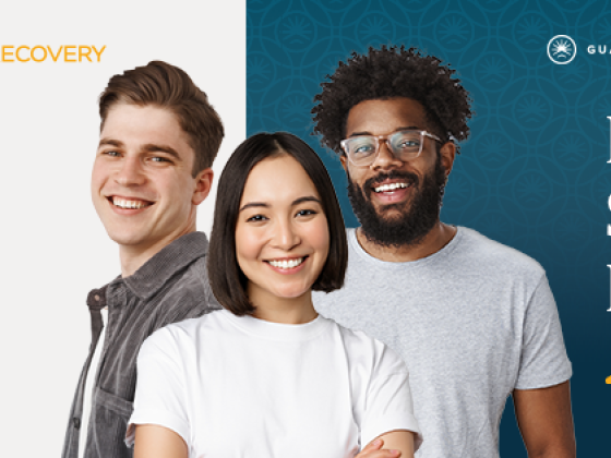 Three smiling individuals in a recovery ad