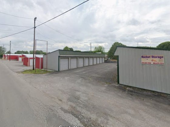 Storage units at Rocket Storage with a visible sign